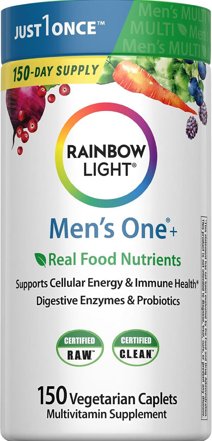 Rainbow Light Mens Multivitamin One + | 150 Caplets | Supports Cellular Energy & Immune Health | with Vitamins C, D, and Zinc | Real Food Nutrients, Digestive Enzymes & Probiotics