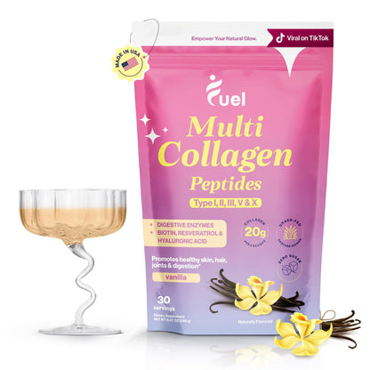 Fuel Multi Collagen Peptides Powder – 20g Hydrolyzed Collagen Types I, II, III, V & X – Hair, Skin, Nails & Joint Support – Keto & Gluten Free – Unflavored – 40 Servings (16.64oz)
