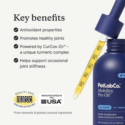 PetLab Co. Mobility Pro Oil for Dogs, Curcumin Joint Oil | Curcumin and zinc liquid formula, pumped onto food daily, to support joint flexibility