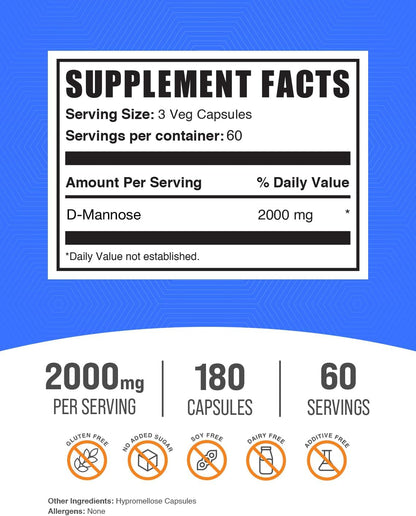 BulkSupplements.com D-Mannose Capsules - D-Mannose Supplement, for Urinary Tract Support - Vegan & Gluten Free, 3 Capsules per Serving (2000mg), 180 Count (Pack of 1)