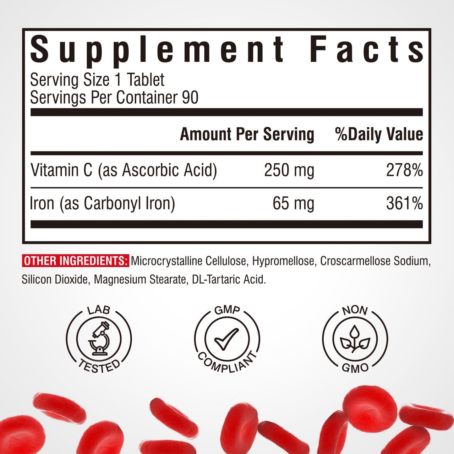 Iron Supplement, 65mg Carbonyl Iron with 250mg Vitamin C, Stomach Friendly | Iron Pills for Blood Building Women & Men, High Absorption, No Nausea, No Constipation, Non-GMO, No Gluten, 60 Vegan Tabs