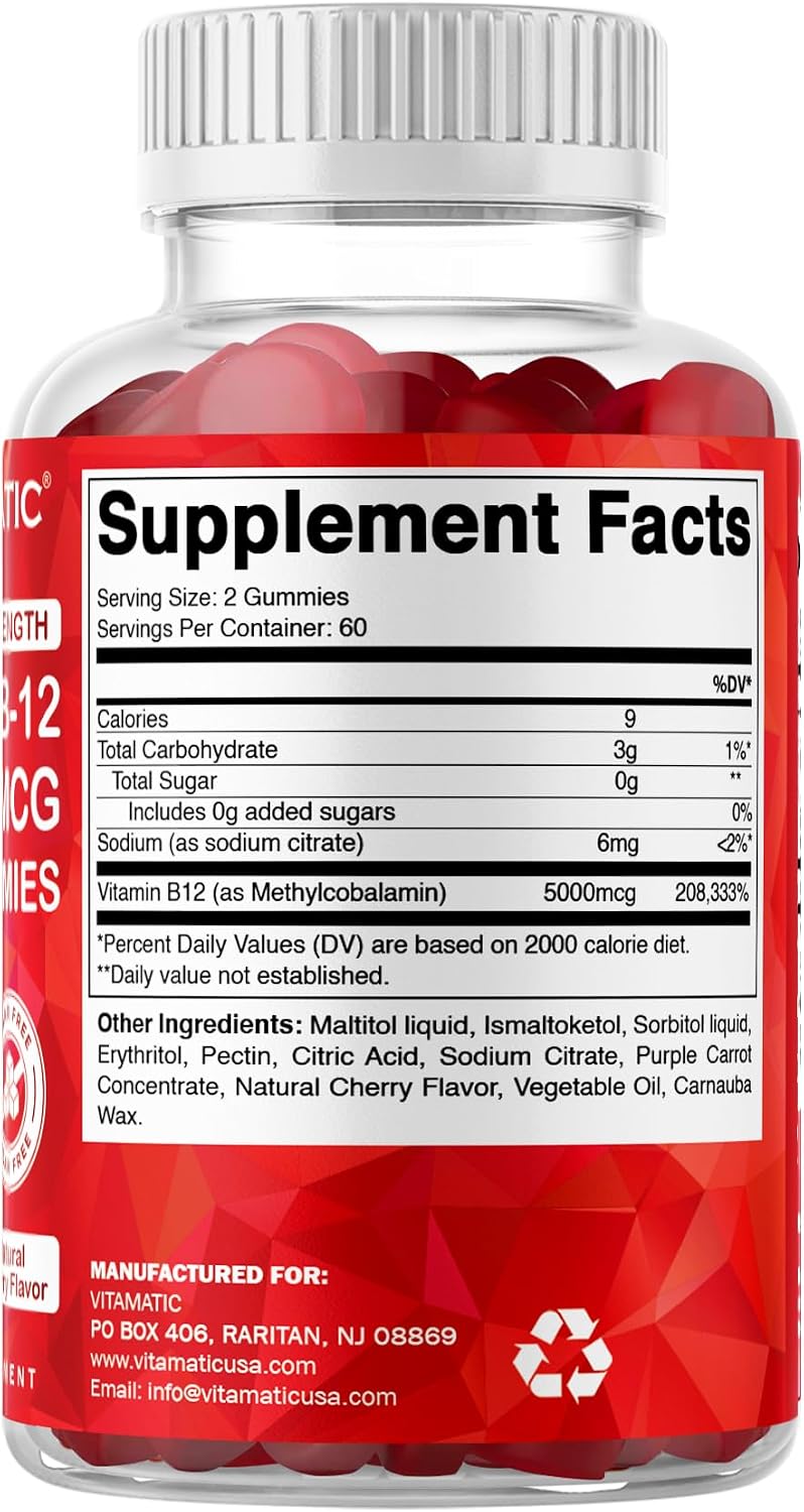 Vitamatic Methyl B12 5000 mcg, 120 Gummies, Natural Cherry Flavor | Extra Strength, Energy Metabolism Support and Nervous System Health Support*, Non-GMO, Gluten Free