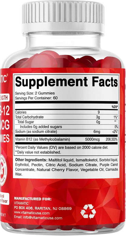 Vitamatic Methyl B12 5000 mcg, 120 Gummies, Natural Cherry Flavor | Extra Strength, Energy Metabolism Support and Nervous System Health Support*, Non-GMO, Gluten Free
