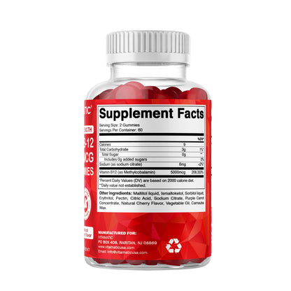 Vitamatic Methyl B12 5000 mcg, 120 Gummies, Natural Cherry Flavor | Extra Strength, Energy Metabolism Support and Nervous System Health Support*, Non-GMO, Gluten Free