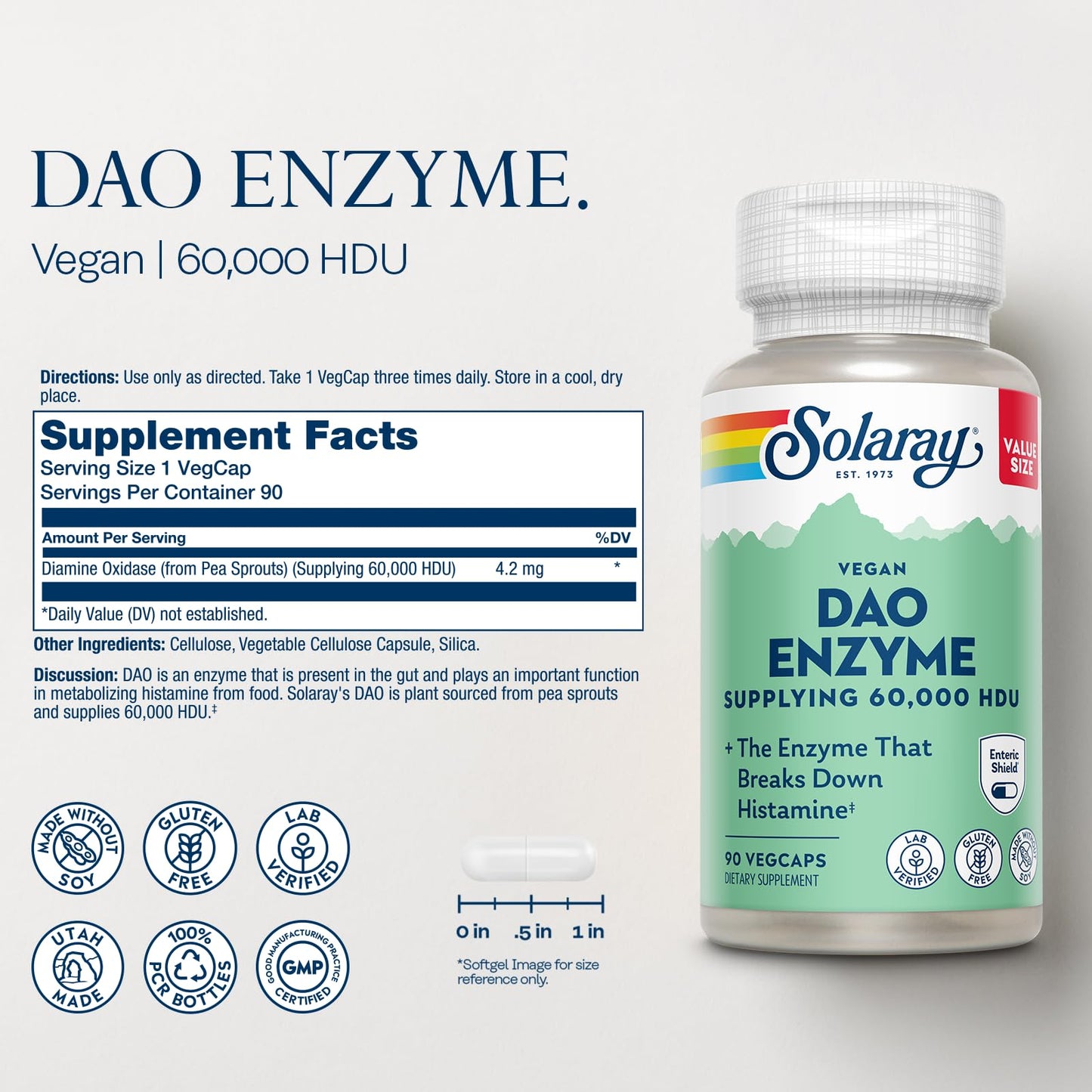 SOLARAY DAO Enzyme - Digestive Enzyme that Breaks Down Histamine - 60,000 HDU - Digestive Enzymes - Vegan, Gluten Free, Lab Verified - 30 Servings, 30 VegCaps