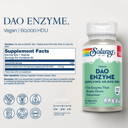 SOLARAY DAO Enzyme - Digestive Enzyme that Breaks Down Histamine - 60,000 HDU - Digestive Enzymes - Vegan, Gluten Free, Lab Verified - 30 Servings, 30 VegCaps
