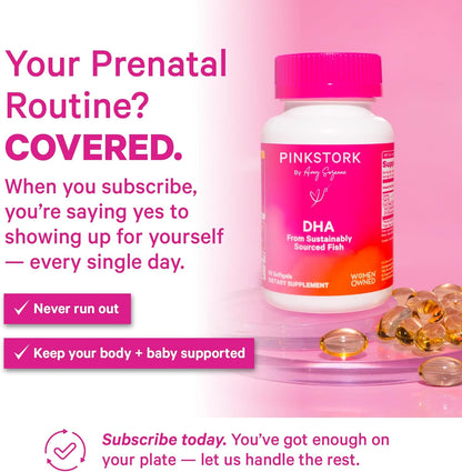Pink Stork Omega-3 DHA - 540 mg Fish Oil Supplements with DHA and EPA, Prenatal and Postpartum Essentials for Cognitive Health + Fetal Development - 60 Softgels - Packaging May Vary