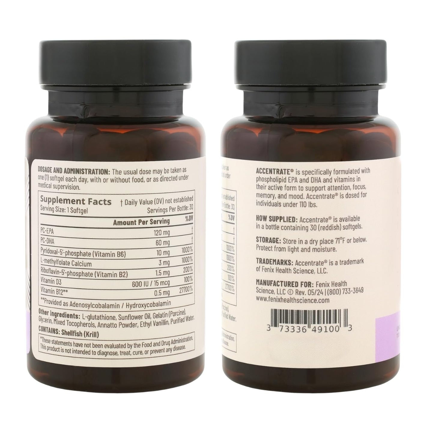 Accentrate110 - Focus Supplement - Methylated Vitamin B Complex with Omega 3 Fatty Acid Supplement - L-Methylfolate, Vitamin B12, P-5-P, Riboflavin, VIT D, – 60 Softgels (1 Month Supply)