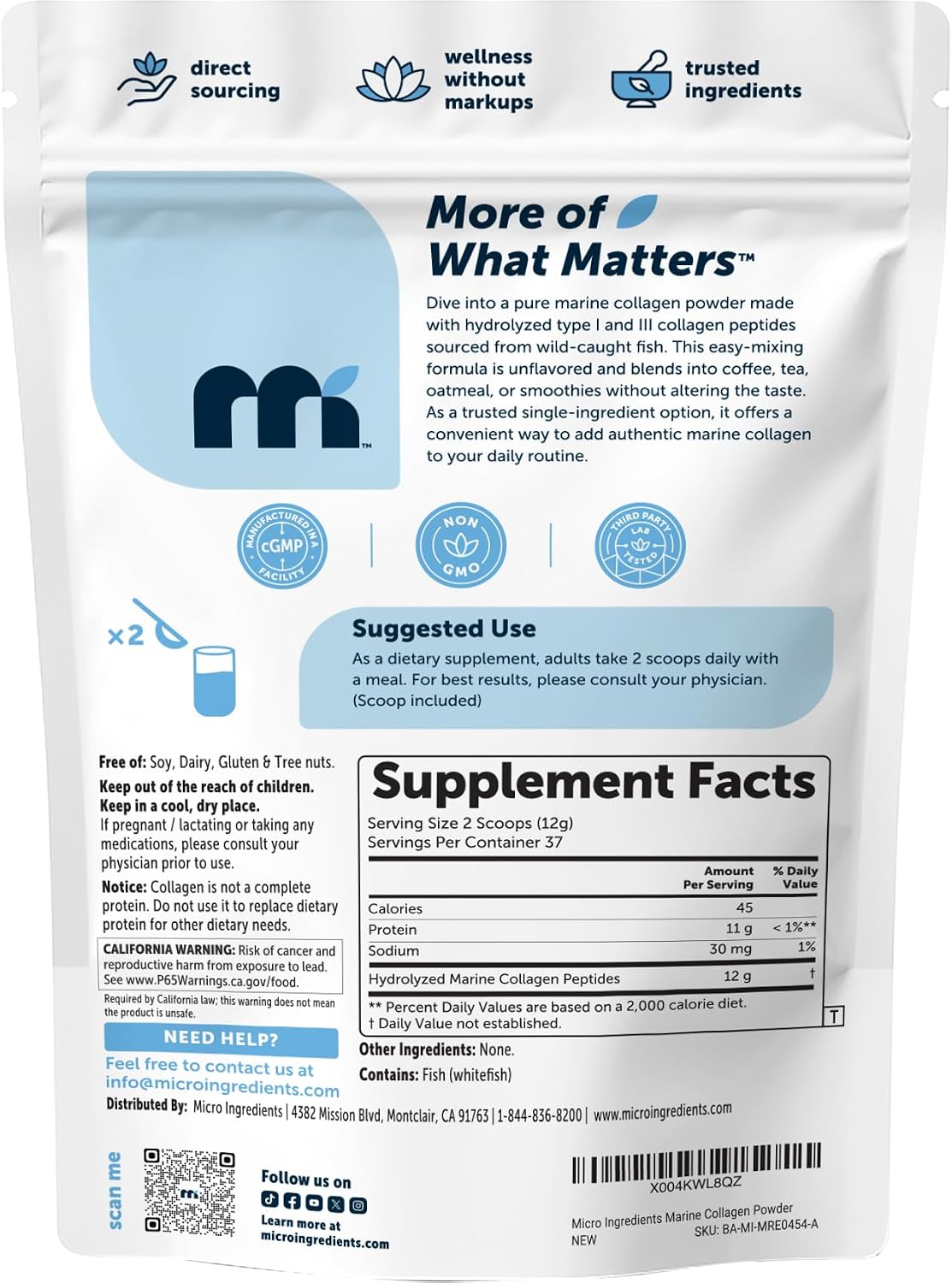 Micro Ingredients Marine Collagen Protein Powder, 1 Pound | Wild Caught Fish Source | Hydrolyzed Peptides | Unflavored, Keto, & Paleo Friendly | Easy to Mix, Non-GMO