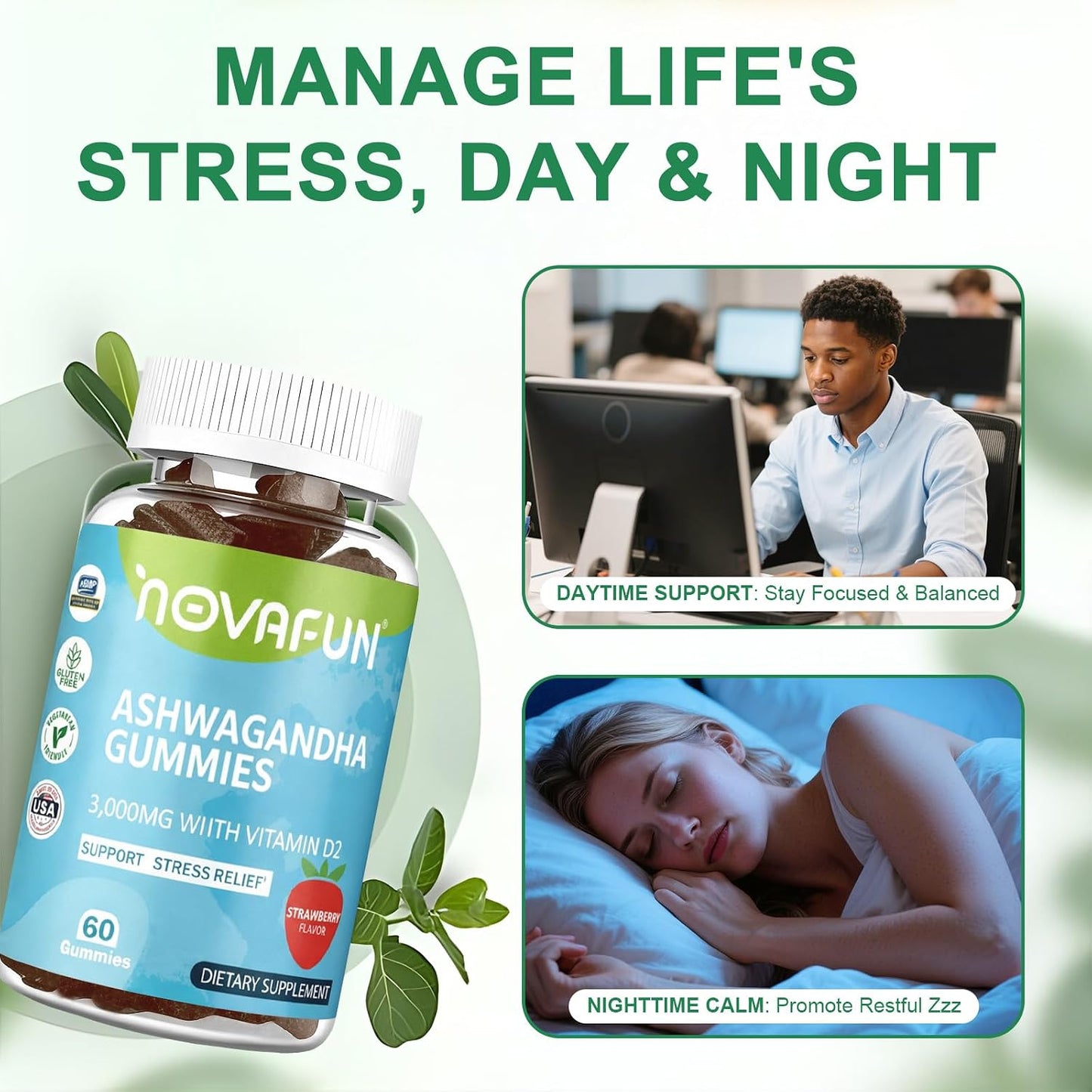 Ashwagandha Gummies & Melatonin Gummies Bundle, 2-Pack - Daytime Stress Relief & Nighttime Deep Sleep Support for Adults