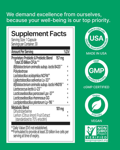 Appetite Suppressant GLP-1 Support Supplement - 30 Capsules | Probiotic + Prebiotic, Super Berberine for Weight Loss, Metabolism, Craving Control, 20B CFU, 8 Clinically Studied Strains