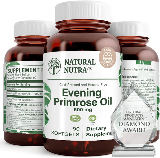 Natural Nutra Evening Primrose Oil Supplement, 500 mg, 90 Softgels | Nerve Health, Helps Reduce Skin Blemishes & Fatty Acid, Balance Body Secretions, Promote Heart Health, Skin Clarity