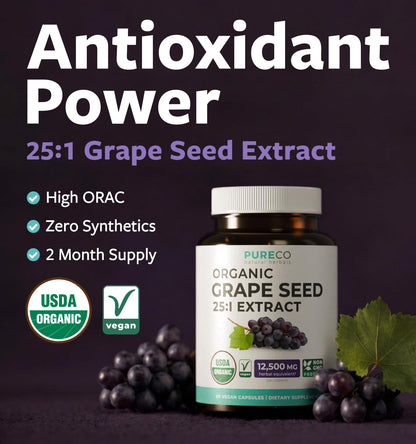 PURE CO USDA Organic Grape Seed Extract - High Potency 25:1 Grapeseed Supplement with 12,500mg Herbal Equivalent Strength - Antioxidant Support - Vegan & Non-GMO (4 Month Supply)