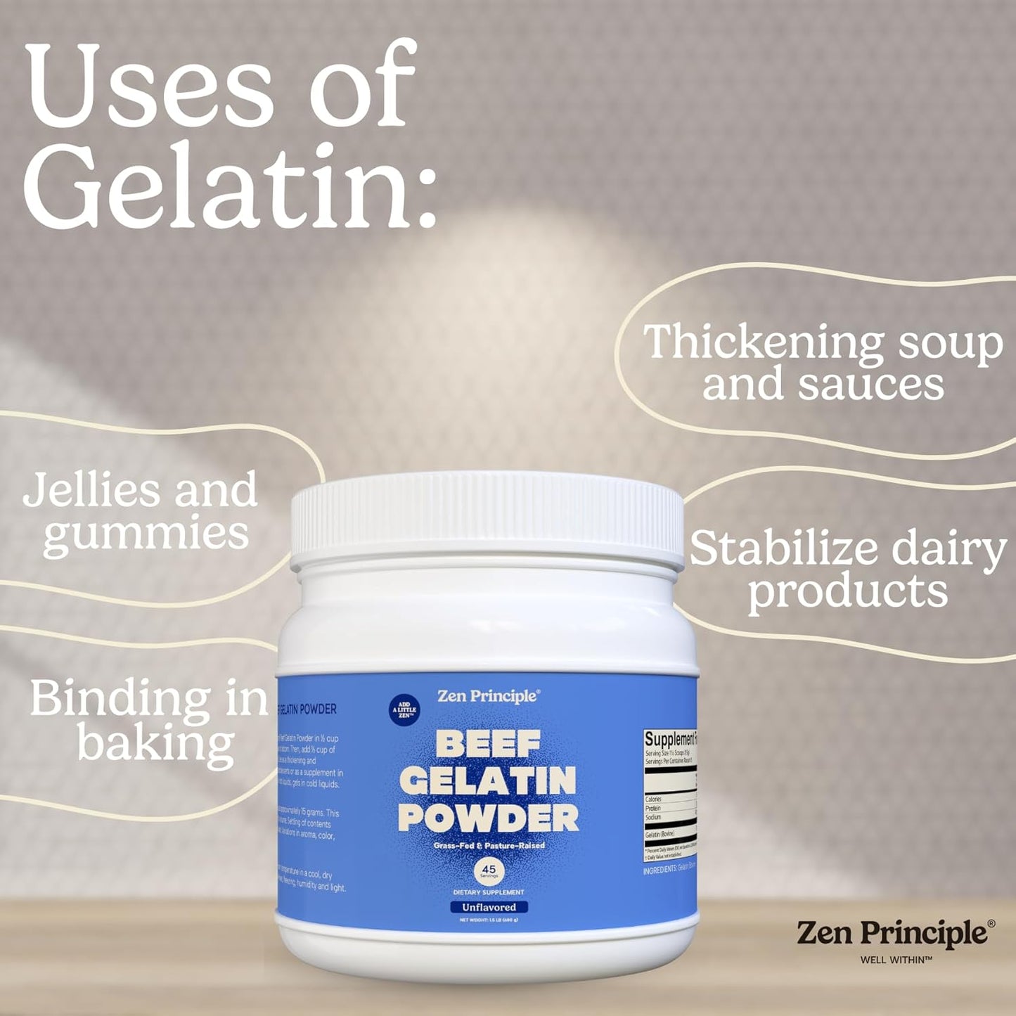 Zen Principle Grass-Fed Gelatin Powder, 1.5 lb. Custom Anti-Aging Protein for Healthy Hair, Skin, Joints & Nails. Paleo and Keto Friendly. Cooking and Baking. GMO-Free and Gluten-Free. Unflavored.