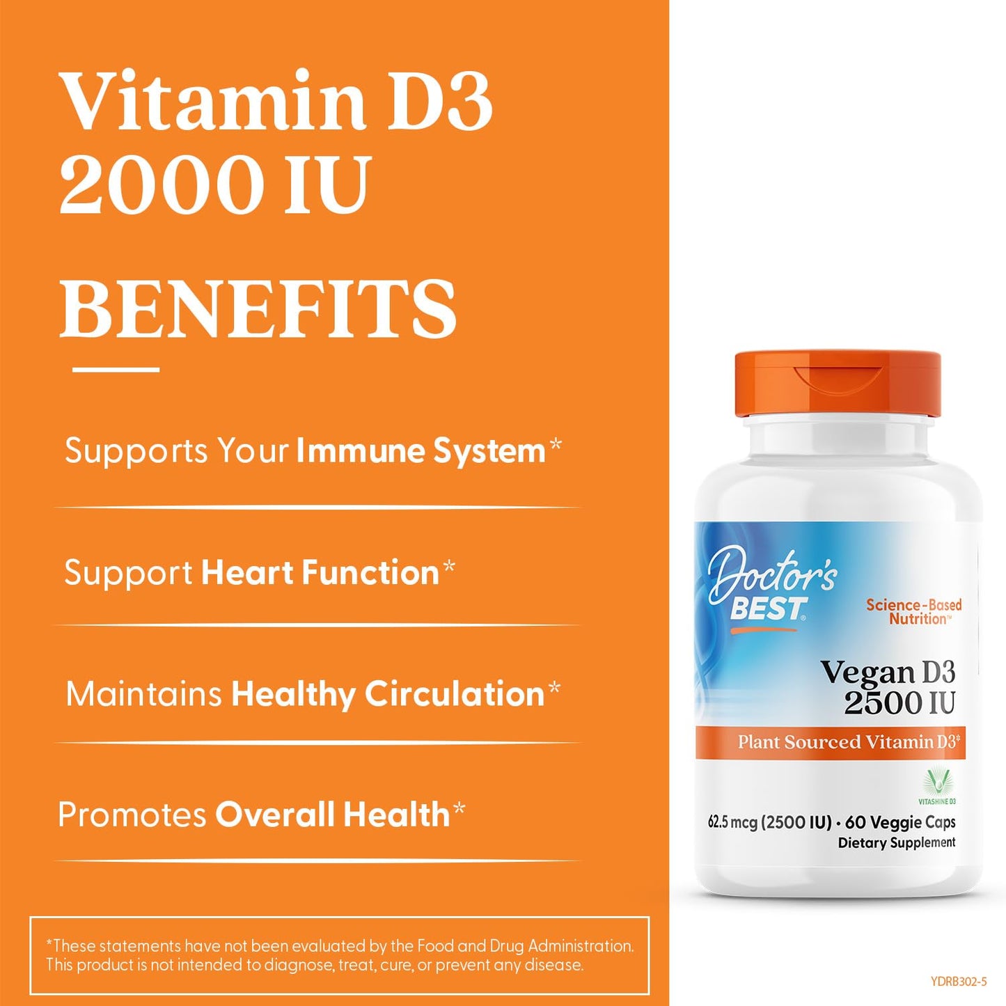 Doctors Best Vegan Vitamin D3 2500 IU Veg Caps - Vegan Vitamin D Supplement for Men & Women, Helps Support Calcium Absorption, Heart Health & Immune Support, 62.5 mcg per Serving - 60 Veggie Capsules