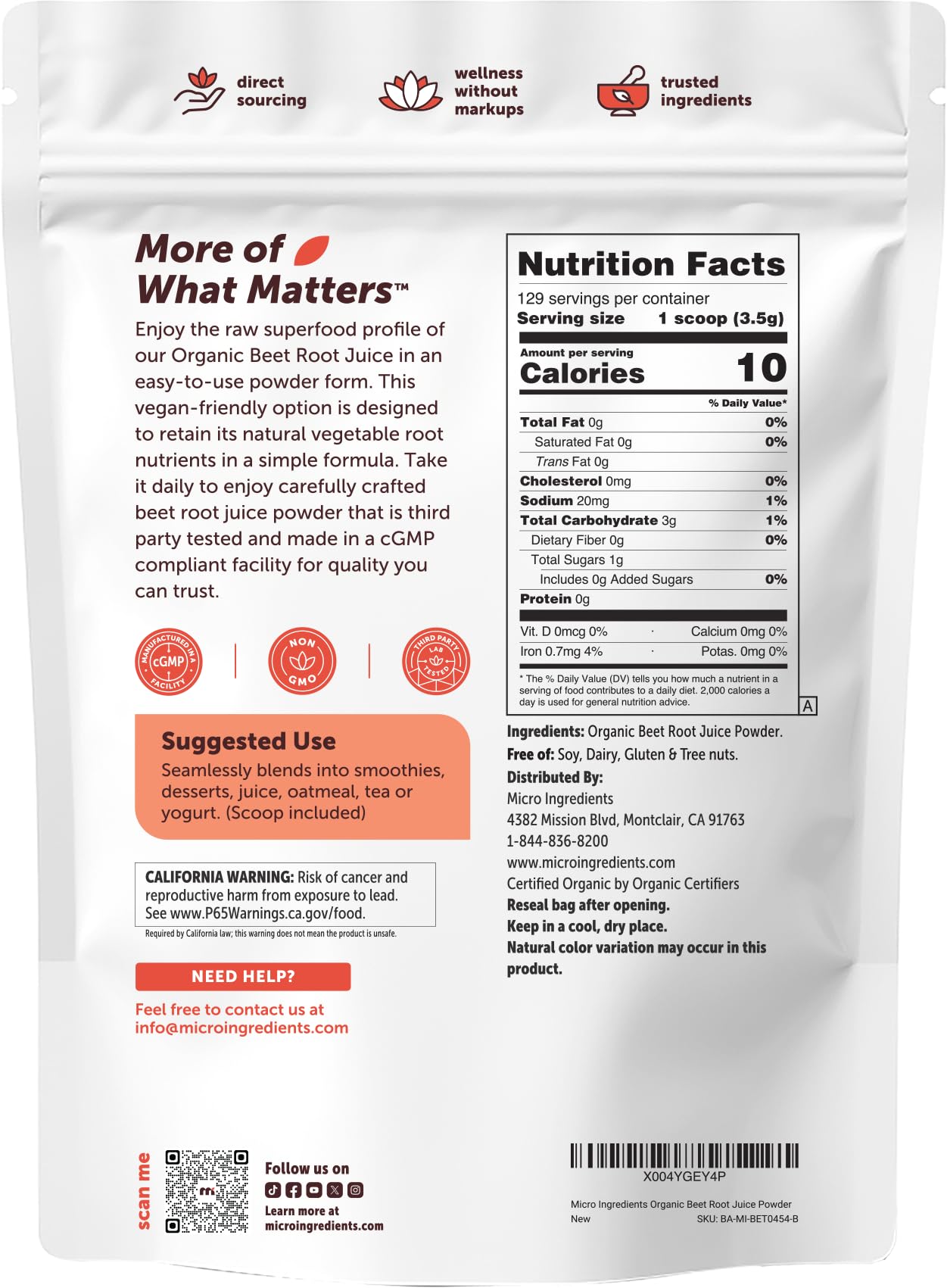 Micro Ingredients Organic Beet Root Juice Powder, 1 Pound | Water Soluble, Raw Beet Supplement | Powder Drink Mix for Smoothies & Recipes | Non-GMO, Vegan Friendly, Plant Based