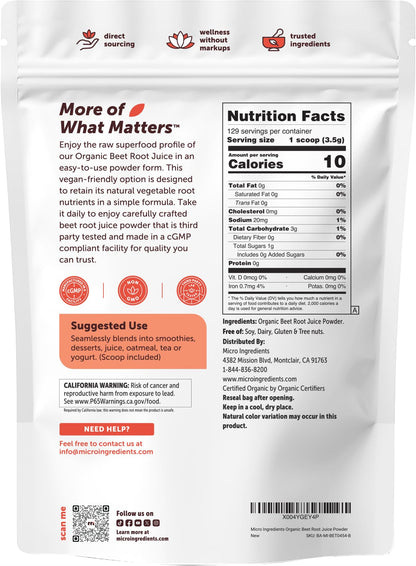 Micro Ingredients Organic Beet Root Juice Powder, 1 Pound | Water Soluble, Raw Beet Supplement | Powder Drink Mix for Smoothies & Recipes | Non-GMO, Vegan Friendly, Plant Based