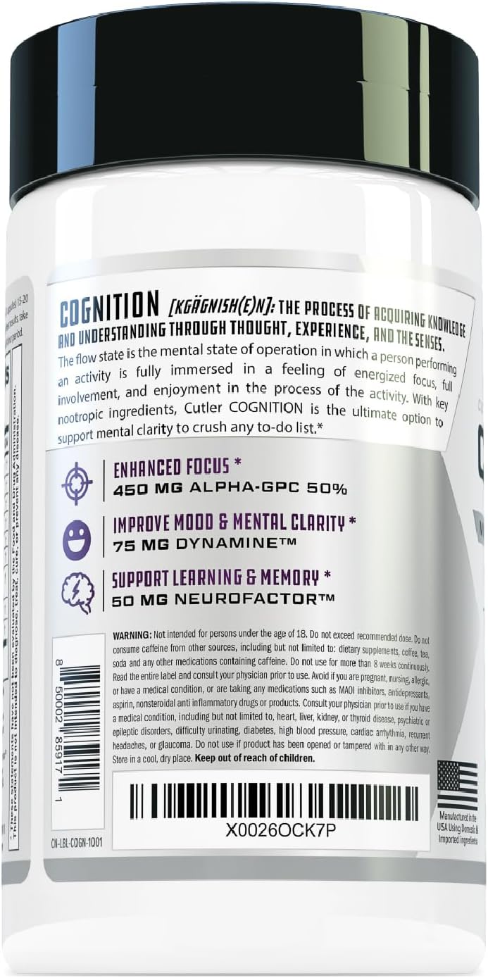 Cutler Nutrition Cognition Nootropic Brain Focus Supplement, 60 Capsules | Alpha GPC, Dynamine, caffeine and L-theanine for mental clarity, memory, concentration and sustained focus at work or study
