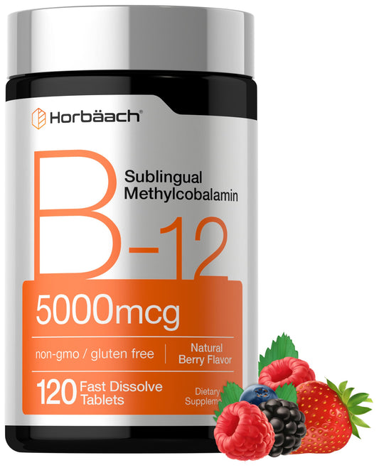 Horbäach B12 Vitamin 5000 mcg | 120 Fast Dissolve Tablets | Sublingual Methylcobalamin | Natural Berry Flavor | Vegan, Non-GMO & Gluten Free Supplement