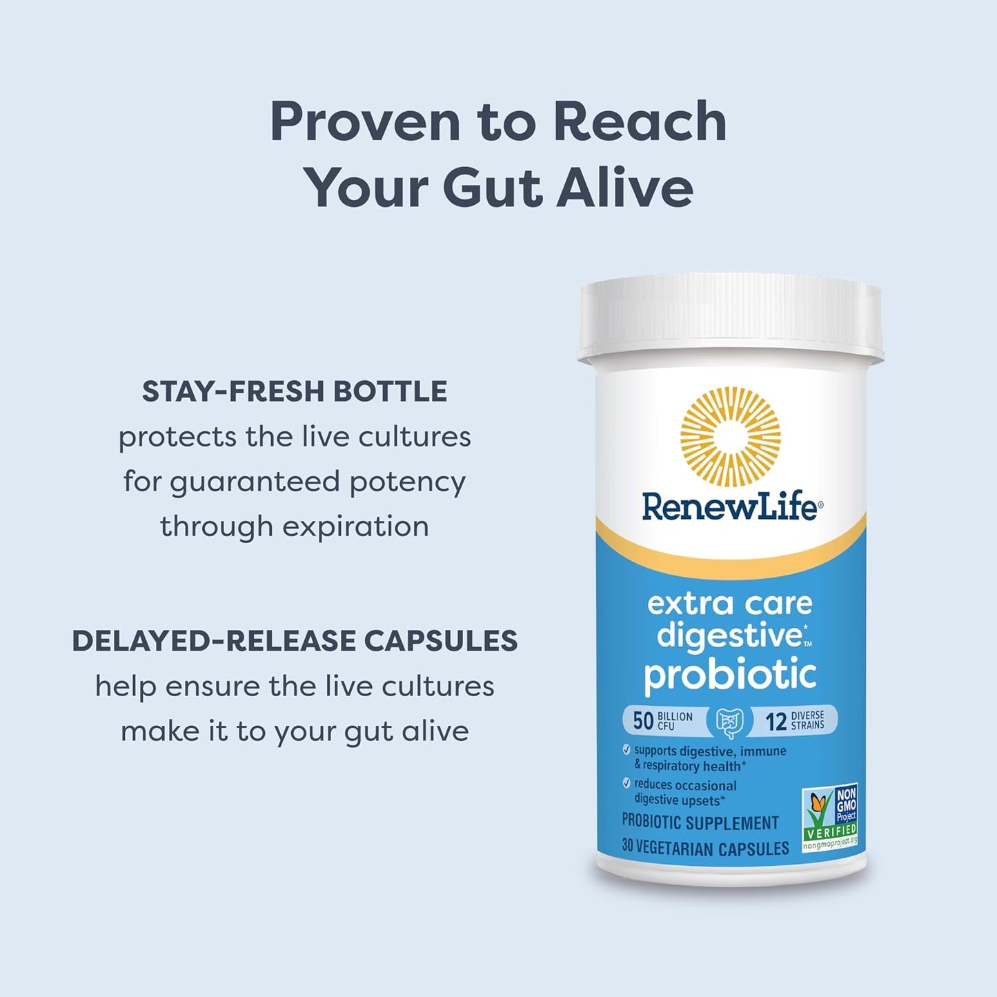 Renew Life Extra Care Digestive Probiotic 50 Billion CFU | 90 Vegetarian Capsules | Supports Digestive, Immune & Respiratory Health | Dairy, Soy and Gluten Free Supplement
