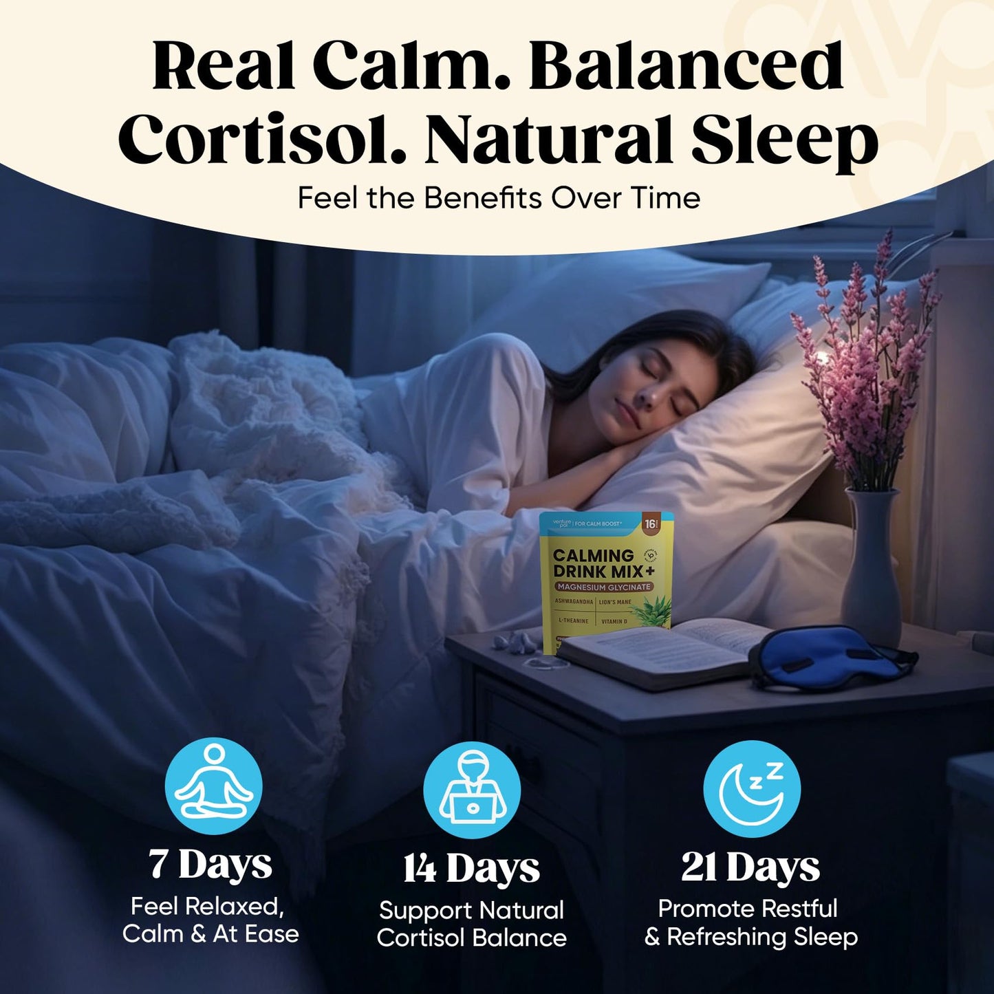 Venture Pal Calm Drink Mix, 12-in-1 Cortisol Reducer & Sleep Aid | Magnesium Glycinate, Ashwagandha, L-Theanine & Vitamin D, Calm Magnesium Powder for Relax & Focus, No Sugar, Non GMO