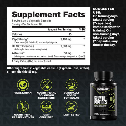 NutraBio Growth Peptides |Muscle Accelerator with DiLeucine & PeptiStrong | Peptides for Muscle Growth Men & Women- 28 Servings- 196 Capsules