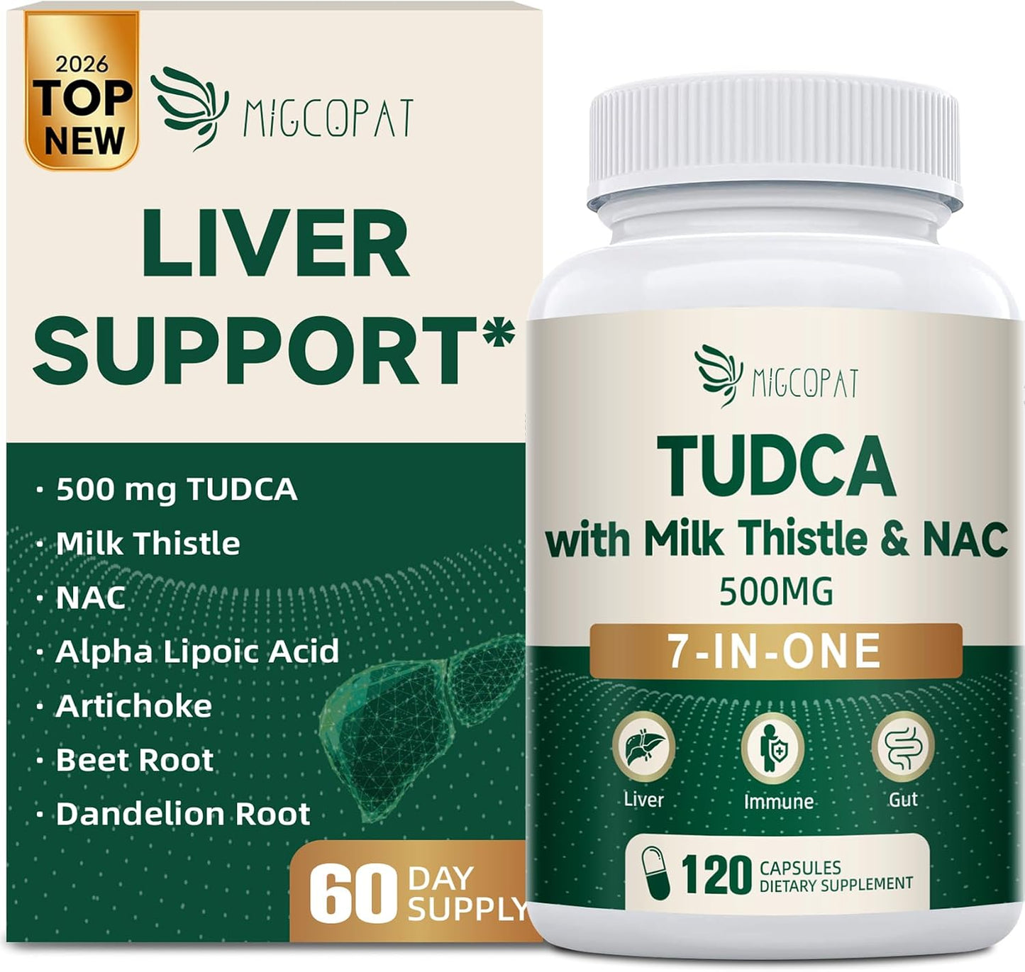 Migcopat 7-in-One TUDCA Supplement, 3650mg with Milk Thistle, NAC, Alpha Lipoic Acid, Dandelion Root, Bile Salts TUDCA for Liver Cleanse Detox & Repair, Bile Flow and Digestive Support - 120 Capsules