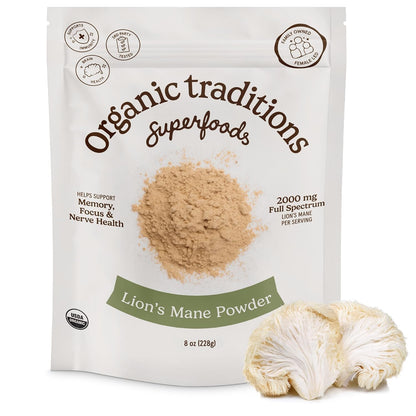Organic Traditions Lion’s Mane Powder, Organic Full Spectrum Mushroom Powder, 2000 mg Serving for Smoothies, Wellness Drinks, Versatile Superfood Ingredient, Daily Wellness Routines, 228g / 8oz