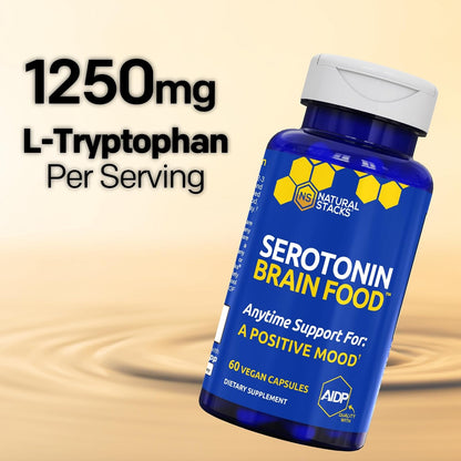 Serotonin Brain Food, Mood Support w/ Tryptophan & Rhodiola Rosea, 60 Count | 1250mg L-Tryptophan Stress Relief Supplement w/ Magnesium Glycinate & Zinc - Neurotransmitter Support - Natural Stacks