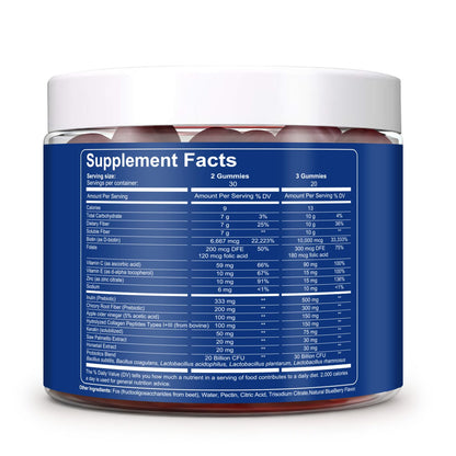 Migcopat 10G Fiber Gummies with Biotin, Collagen Peptides, Keratin, Vitamin C, E - Fiber Supplements with 30 Billion CFU Probiotics, Inulin, ACV for Digestive Health & Skin, Hair & Nails, 60 Cts