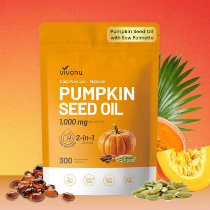 VivoNu Pumpkin Seed Oil with Saw Palmetto Capsules,3800mg 300 Softgels | Cold Pressed,Pure Virgin Oil,Essential Fatty Acids&Phytosterols | Supports Hair,Urinary,Bladder&Prostate Health|Non-GMO