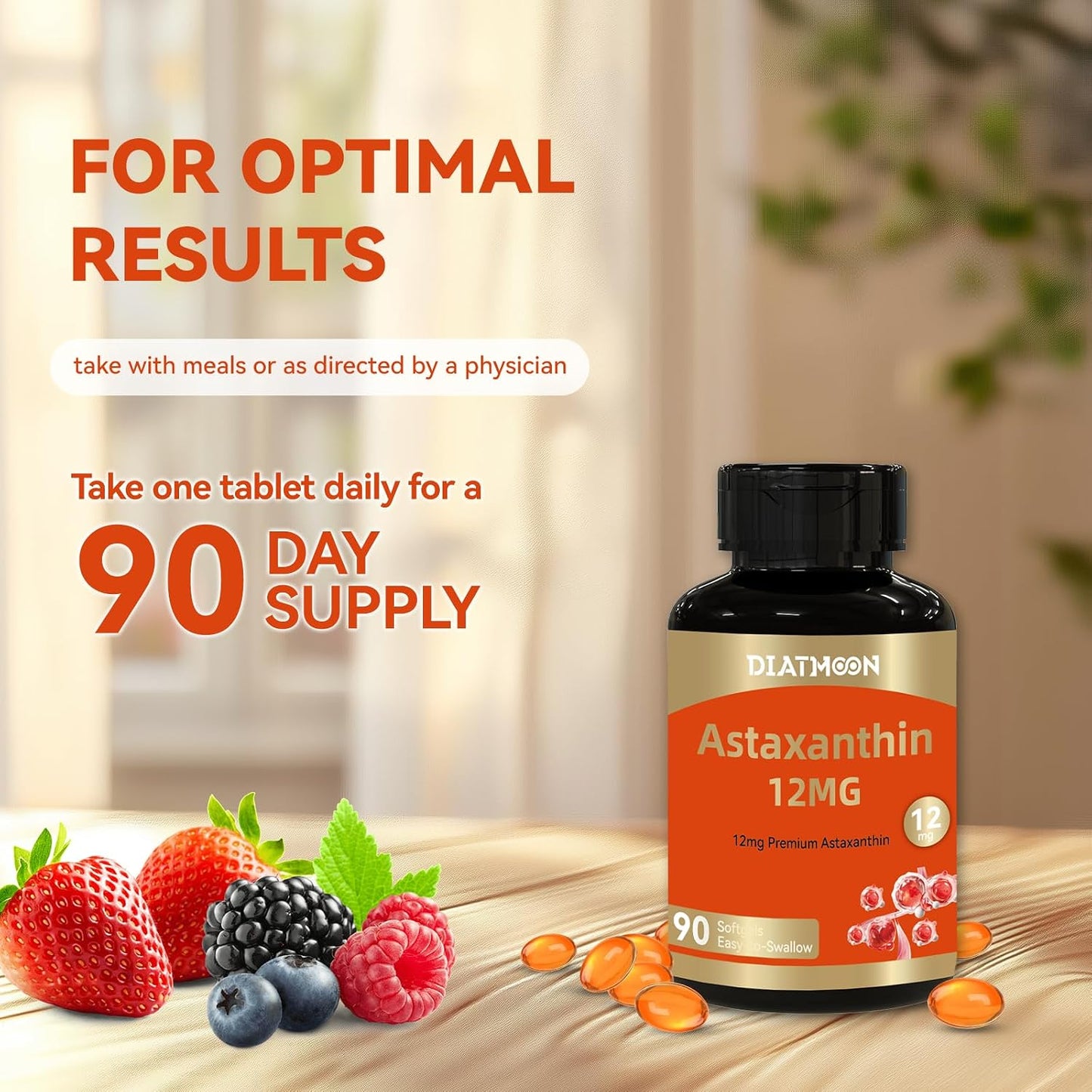 Astaxanthin 12mg Organic Easy to Swallow Astaxanthin Supplement 90 Softgels | Support Eye & Brain & Skin Health, Triple Strength, Fresh Microalgae Source, Organic Non-GMO, Gluten Free, No Soy, Vegan