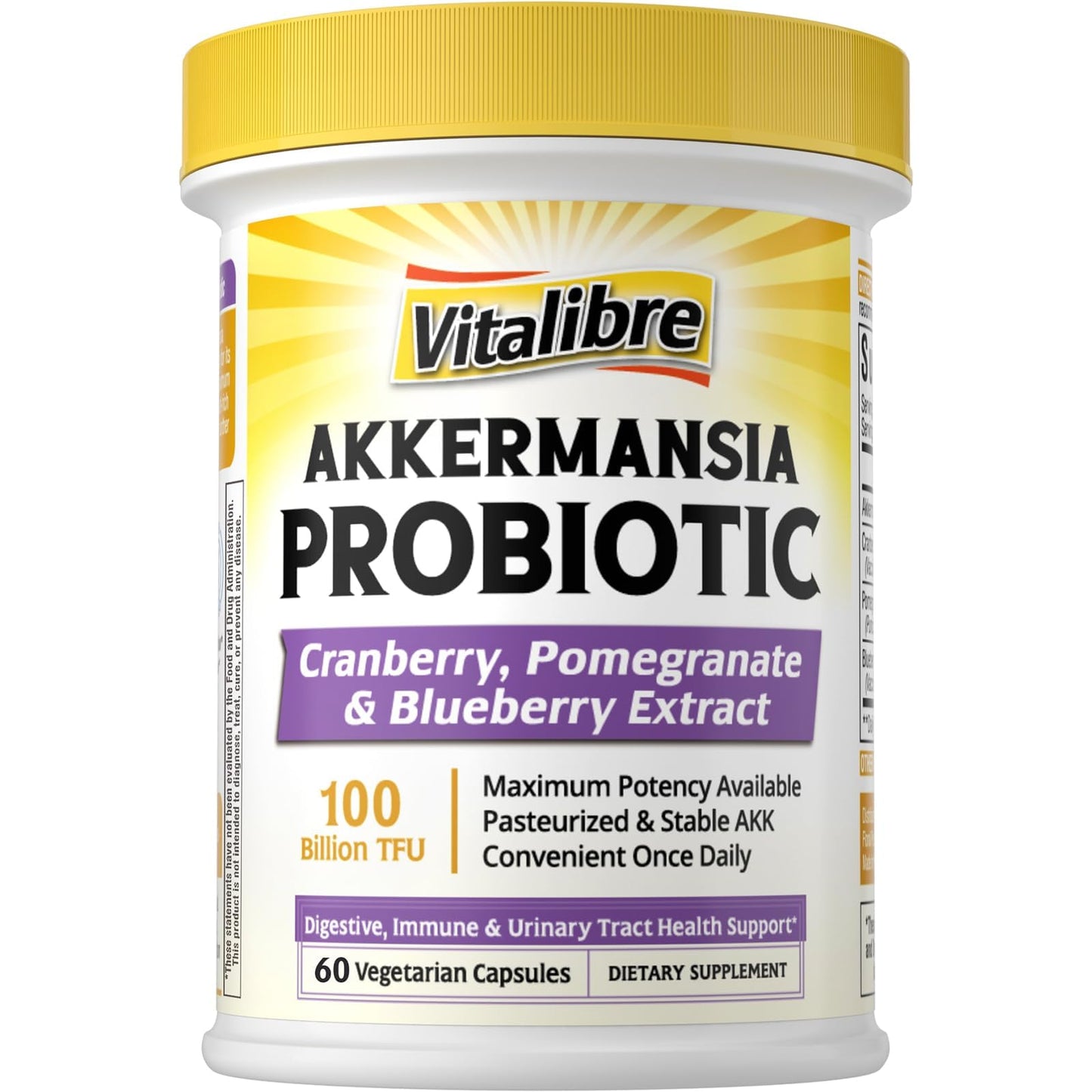 Vitalibre Akkermansia Probiotics 100 Billion TFU, Pasteurized Akkermansia Muciniphila, w/Cranberry, Blueberry & Pomegranate, Digestive & Immune Health, Leaky Gut, GLP-1 Supplement, 30 Vegan Capsules