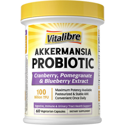 Vitalibre Akkermansia Probiotics 100 Billion TFU, Pasteurized Akkermansia Muciniphila, w/Cranberry, Blueberry & Pomegranate, Digestive & Immune Health, Leaky Gut, GLP-1 Supplement, 30 Vegan Capsules