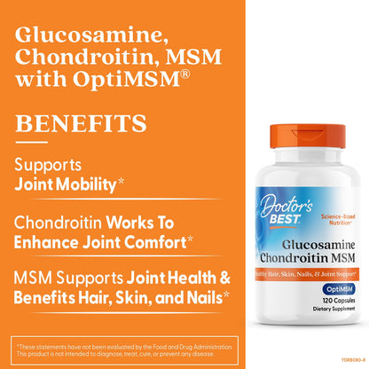 Doctor's BEST Glucosamine Chondroitin MSM - Joint Health Support Supplement for Women & Men, Nutritional Support for Joint Strength, Hair, Skin, & Nails, Gluten Free, Non GMO - 240 Capsules
