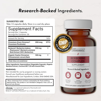 JUST INGREDIENTS Berberine Supplement – 30-Capsule Herbal Support Formula with Organic Berberis Aristata – Traditionally Used for Metabolic Health, Cellular Function & Overall Wellness.