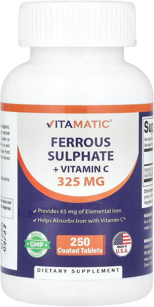 Vitamatic Ferrous Sulfate 325 mg with Vitamin C 100 mg (65 mg Elemental Iron) Coated Tablets – High Potency Iron Supplement – No Artificial Colors – Made in USA