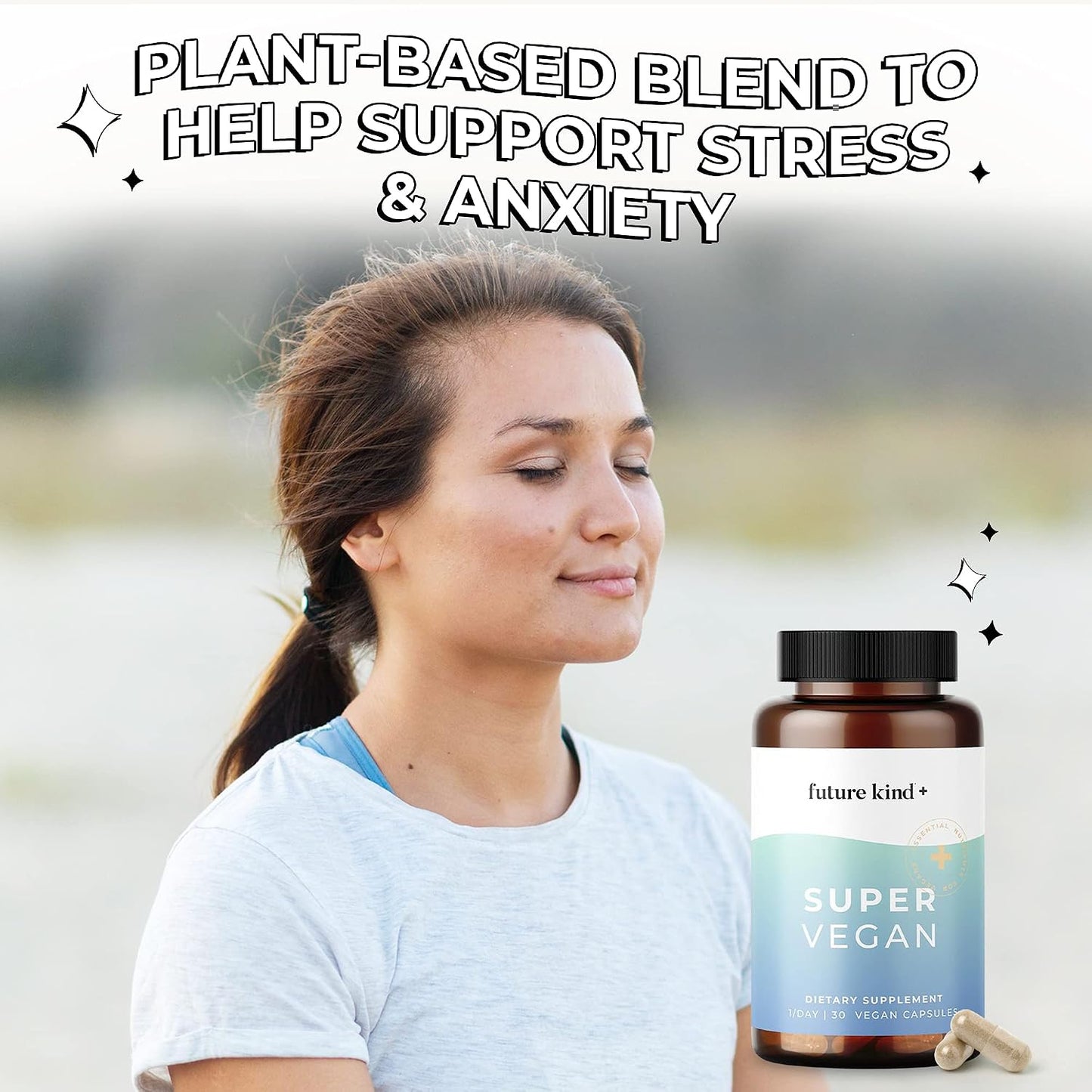 Future Kind - Super Vegan Formula with Lemon Balm, Ashwagandha Root Extract and Rhodiola Extract for Natural Mood Boost, Energy and Stress Support, 30 Capsules