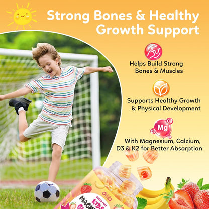 Magnesium Glycinate Gummies for Kids - with L-Theanine, Ashwagandha, Vitamin D3 K2, Magnesium for Kids - Sleep, Calm, Muscle, Relaxation, Cognitive, Sugar Free Strawberry & Banana Filled Gummies 60ct