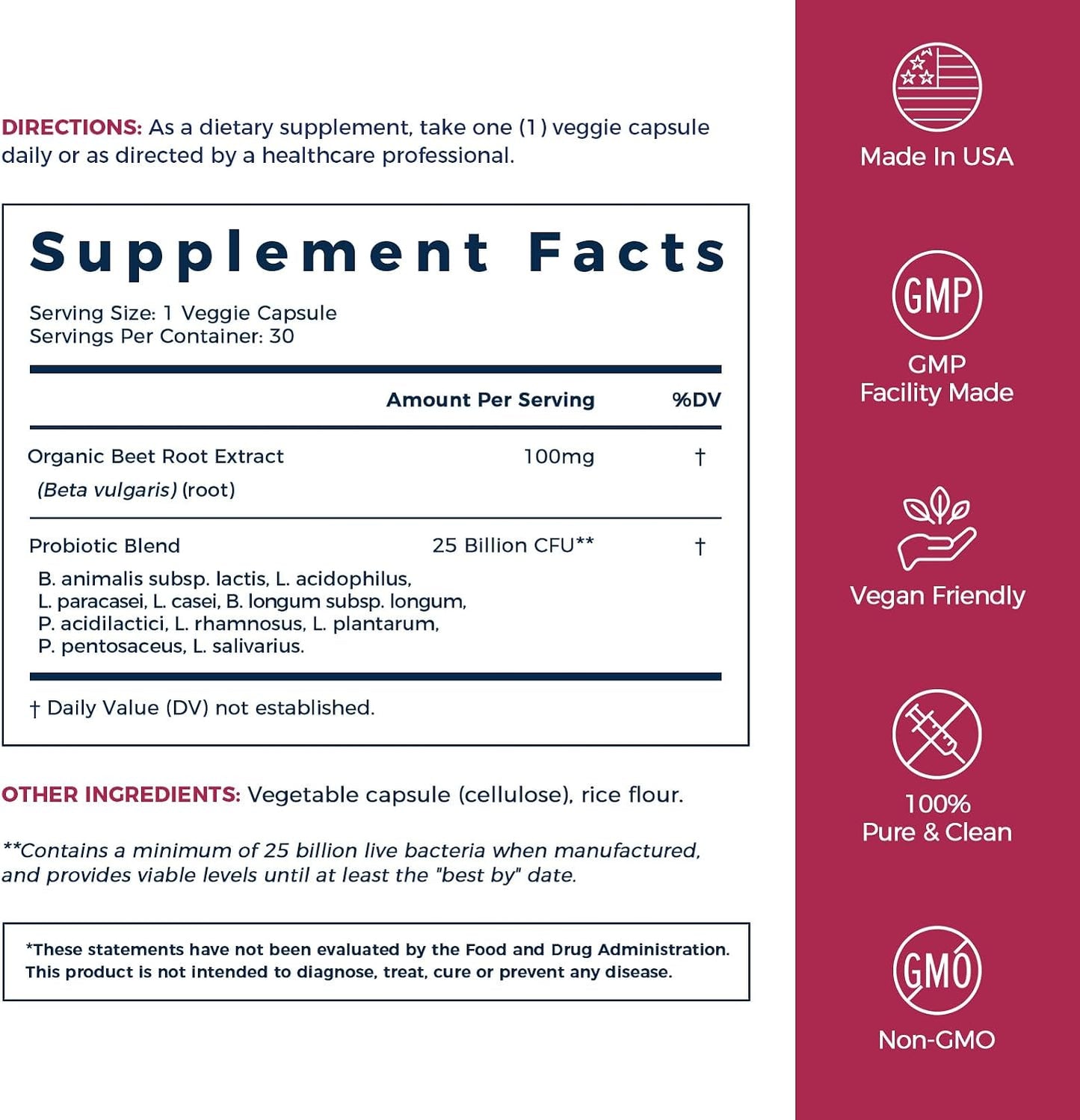 NewRhythm Probiotics for Women & Men 25 Billion CFU, with Organic Beet Root Extract, Nitric Oxide, Circulation, Energy & Heart Health, All Natural, Vegan, Non-GMO, 30 Caps