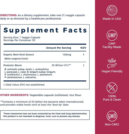 NewRhythm Probiotics for Women & Men 25 Billion CFU, with Organic Beet Root Extract, Nitric Oxide, Circulation, Energy & Heart Health, All Natural, Vegan, Non-GMO, 30 Caps