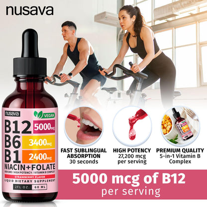 NUSAVA (2 Pack) Vitamin B12 Liquid Drops with B6, B1, Niacin & Folate — B12 Sublingual Vitamin B Complex, Methylcobalamin 5000 mcg, for Energy, Brain & Heart Support, Raspberry Flavor, 80 Servings