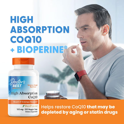 Doctor's Best High Absorption CoQ10 with BioPerine Supplement - Coenzyme Q10 Caps for Heart Health & Antioxidant Support, CoQ10 100mg for Women & Men, Non GMO, Naturally Fermented - 120 Veg Capsules