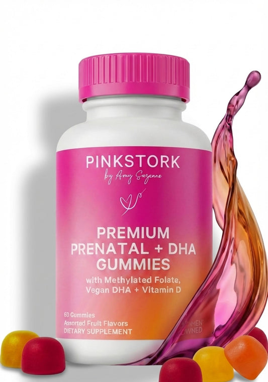 Pink Stork Premium Prenatal Gummy Vitamins, 60 Gummies, 30-Day Supply | Vegan Algae DHA, Methylated Folate + Methylcobalamin, MTHFR-Friendly, No Iron, No Fishy Aftertaste