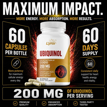 Ubiquinol CoQ10 200mg – High Absorption Active Coenzyme Q10 Supplement for Heart Health, Energy & Cellular Vitality | 60 Capsules, 60-Day Supply | Bioavailable Antioxidant Formula | Non-GMO