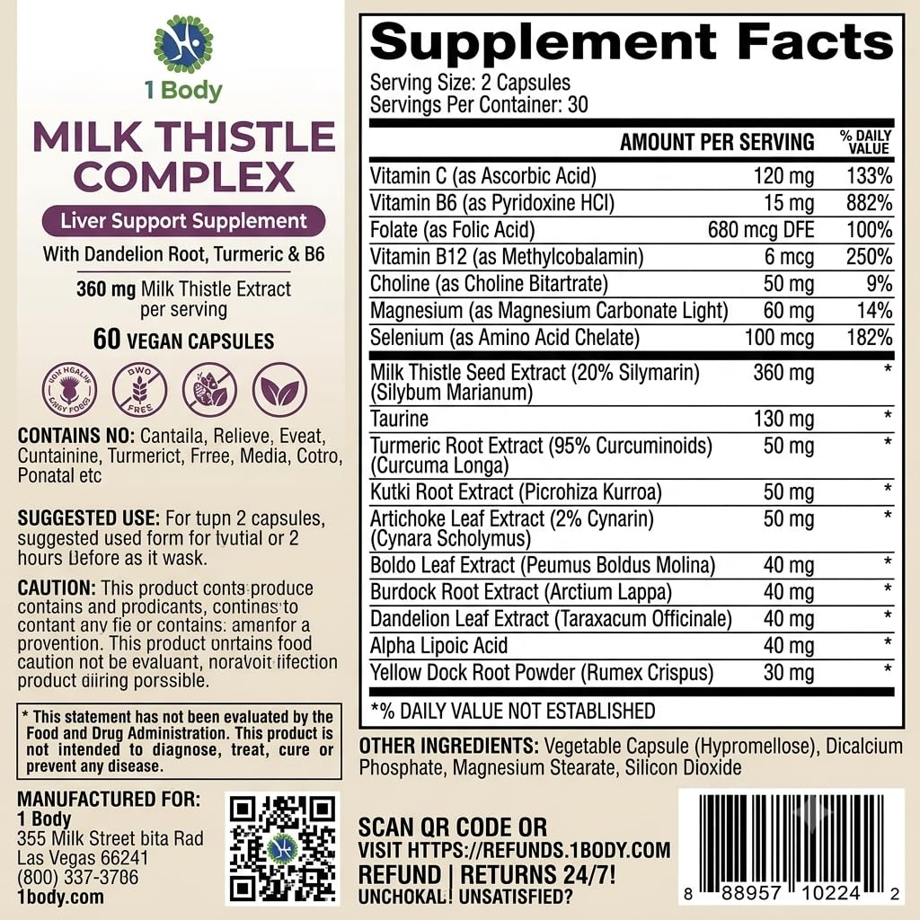 1 Body Milk Thistle Complex, Liver Support, 60 Vegan Capsules, 30 Servings