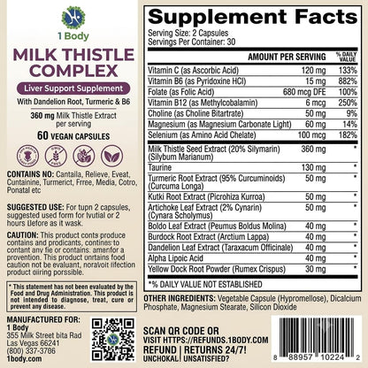 1 Body Milk Thistle Complex, Liver Support, 60 Vegan Capsules, 30 Servings