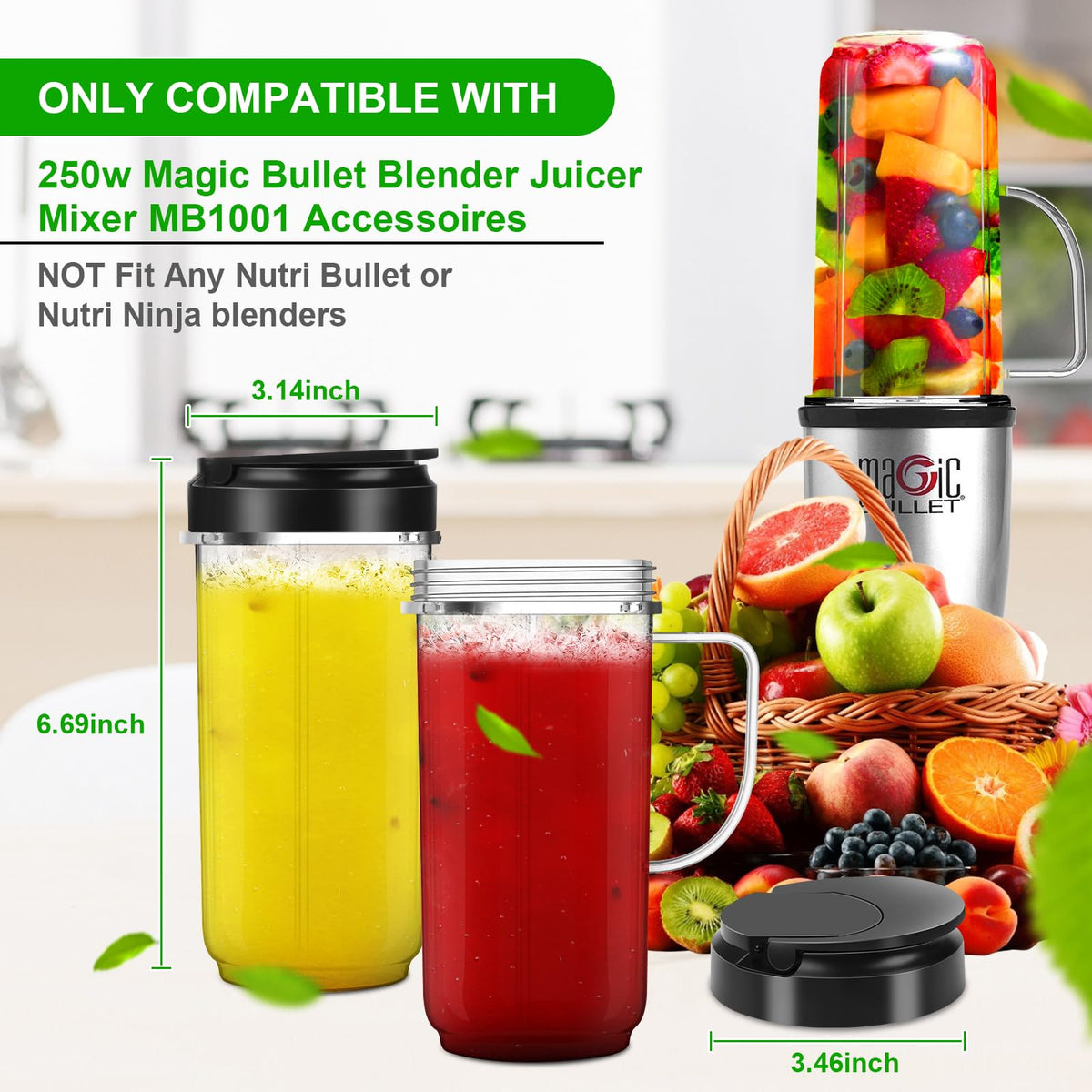 2 Pack Magic Bullet Blender Cups Tall 22oz Cup with Flip Top To-Go Lid Replacement Part