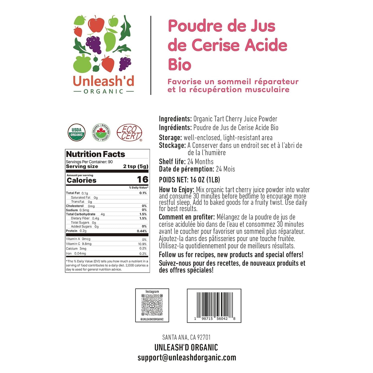 UNLEASH'D ORGANIC Organic Tart Cherry Juice Powder 16 oz – 100% Pure Natural Superfood, Rich in Antioxidants & Vitamins