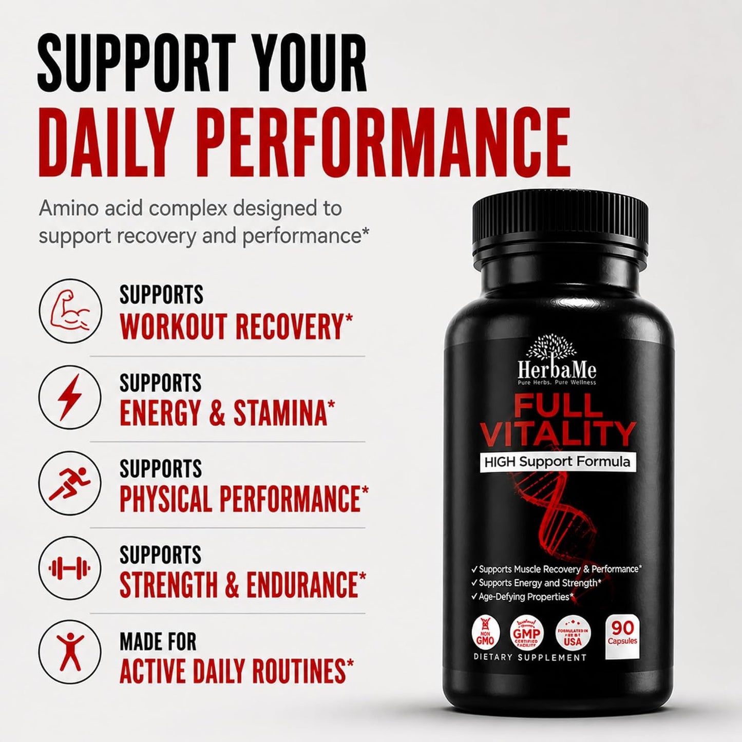 HerbaMe HGH Support Supplement for Men & Women, 90 Capsules – Naturally Supports Human Growth Hormone, Amino Acid Complex with Arginine & Colostrum – Supports Nighttime Recovery, Energy & Performance
